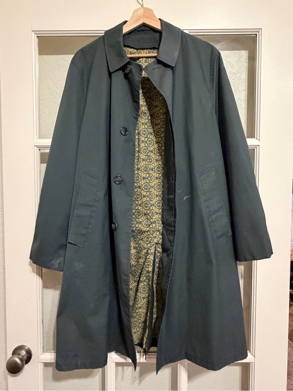 Men's Dark Green Trench Coat with Paisley Lining